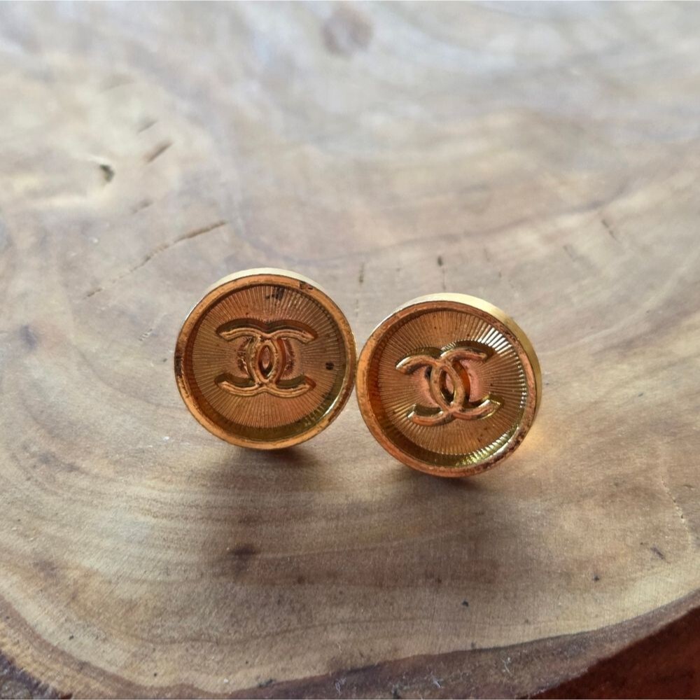 Authentic CC Logo Upcycled  Gold Tone Round Pierced Earrings